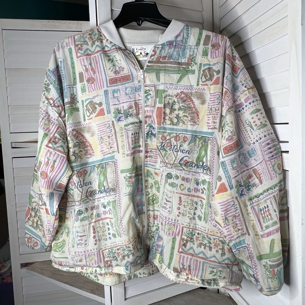 Vintage 90s Lady C.A. Sport Kitchen Garden Print Jacket XL‎ Pastel Zip Up *Read